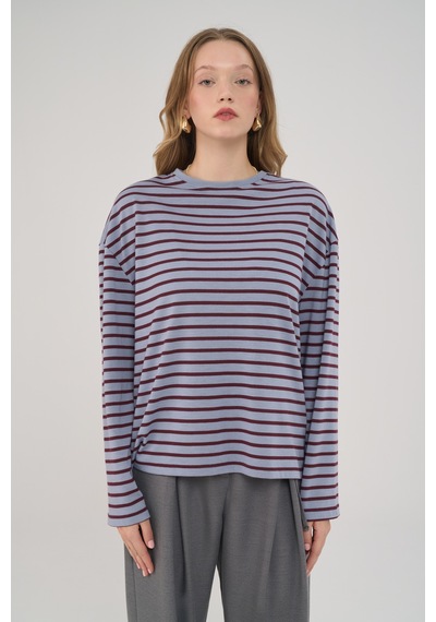 Mai Studios Mist Çizgili Basic Buz Mavi T-shirt