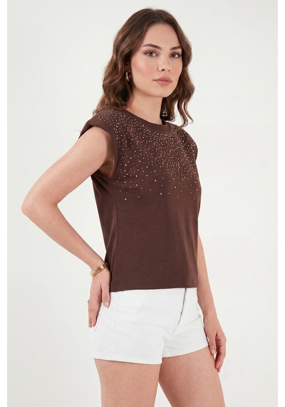 Lela Pamuklu Regular Fit Taş Detaylı Bluz Bayan Bluz 5866945 Kahve
