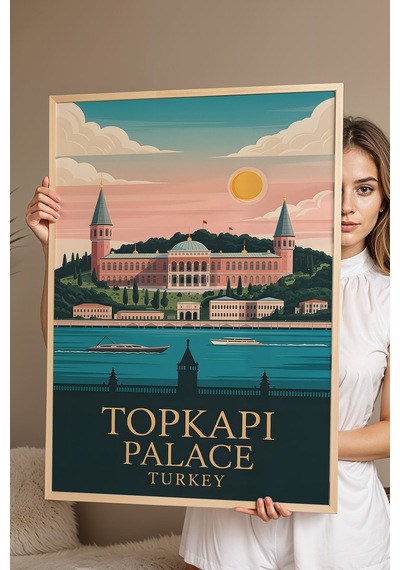 Topkapı Sarayı Tablo - Retro İstanbul Posteri - Osmanlı Mirası Duvar Dekoru - Çerçeveli İllüstrasyon Kayın