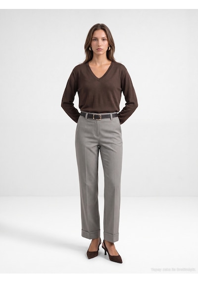 Dilvin 72821 Kemerli Kıvrık Paça Pantolon-vizon