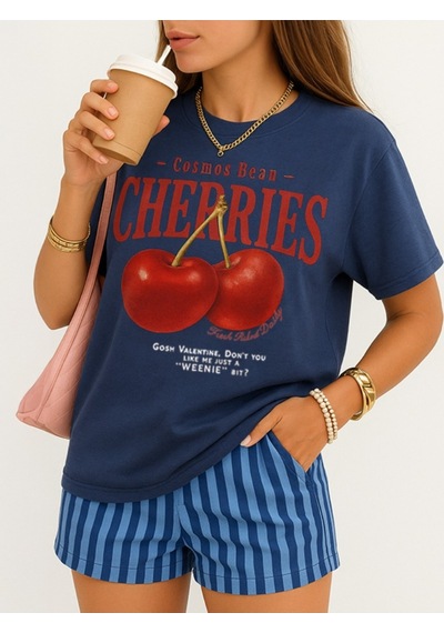 Noıssey Lacivert Red Cherries Baskılı Oversize Unisex