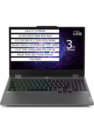 Lenovo Loq 15IRX10 83JE00JPTR i7-13650HX 16 GB 512 GB SSD 8 GB RTX5050 15.6" Dos Dizüstü Bilgisayar