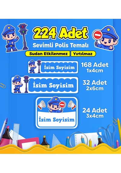 Sevimli Polis Temalı Okul Kreş Kişiye Özel İsim Etiket Seti - Model 313 Çok Renkli