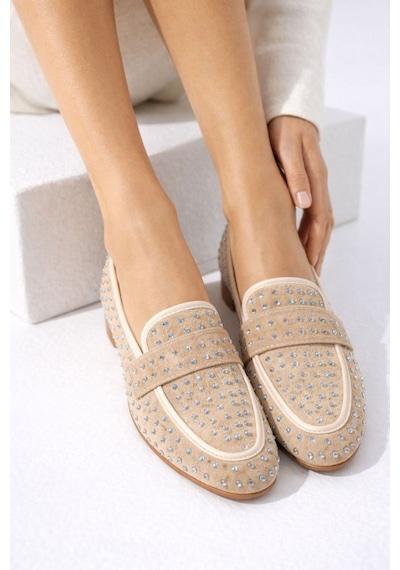 Mery Ceyn Taşlı Küt Kare Loafer Şık Babet Bej