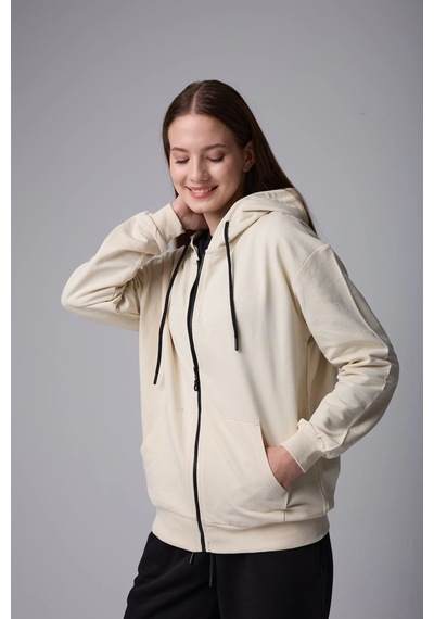 Defys Defy S Kadın Oversize Kapüşonlu Fermuarlı Cepli Sweatshirt Bej - 527346818 Bej