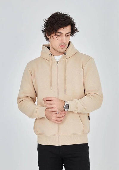 Luz&pos Erkek Tam Fermuarlı Kapşonlu Sweatshirt - Bej Bej