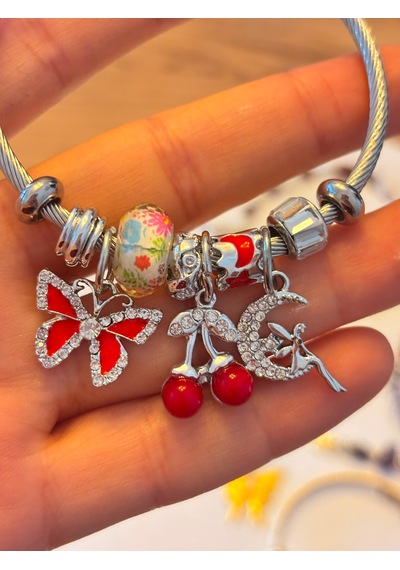 Charm Detaylı Çelik Bileklik Seti Kırmızı Kelebek & Kiraz Sallantılı