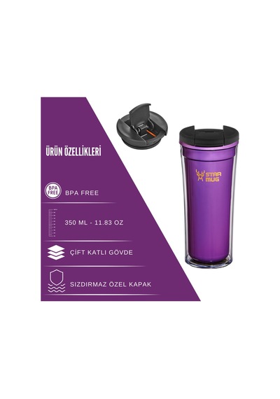 Star Mug 350 Ml Opak Seri -mor Çift Katmanlı Mug - Piknik Kamp Outdoor Ofis Otel Kafe Okul Kampüs Mor
