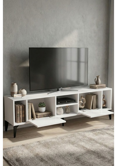 Tv Sehpası 160 Cm Modern Çok Amaçlı Dolaplı Raflı Televizyon Ünitesi Linya Beyaz