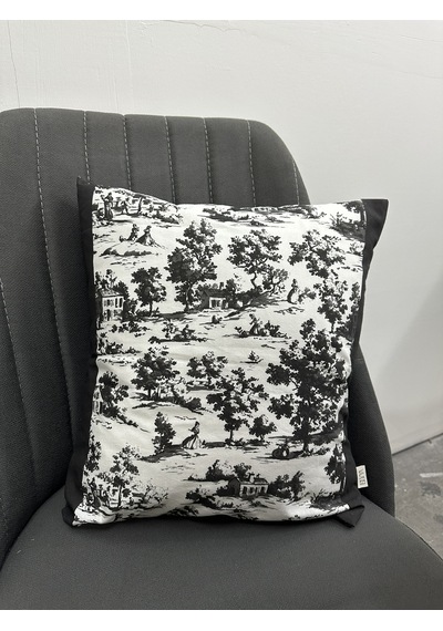Toile De Jouy Monet Kırlent Kılıfı 43x43 Cm %100 Pamuk Dijital Baskılı Country Tarzı Fransız Dekoratif Yastık Kılıfı - Zt750 Siyah-