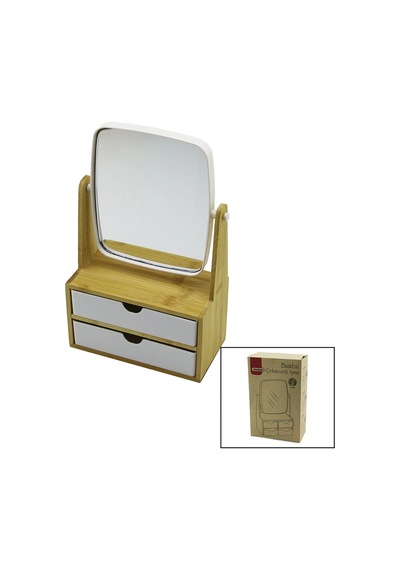 2 Çekmeceli Bambu Ahşap Standlı 9x9.9x17.8x21.5cm Makyaj Aynası 15x18cm Takılık 1+1 Organizer Çok Renkli