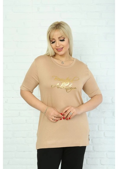 Modasehle Kadın Büyük Beden Bej Varak Detaylı T-shirt Bej