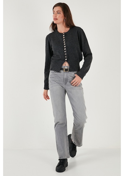 Lela Premium Comfort Fit Yuvarlak Yaka Crop Triko Bayan Hırka 680Hi00164 Antrasit