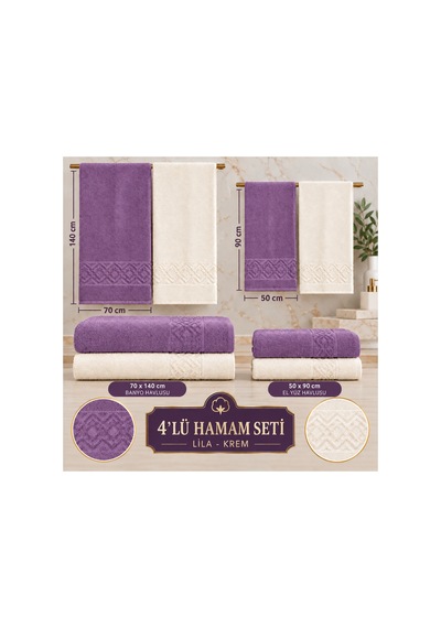 4 İü Hamam Seti 50x90 Ve 70x140 Pamuk Jakarlı Lila - Krem