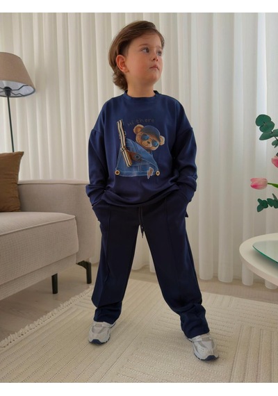 Mila Mood Erkek Çocuk Lacivert Ayıcık Baskılı Eşofman Takımı Sweatshirt Bol Paça Pantolon 2'li Takım