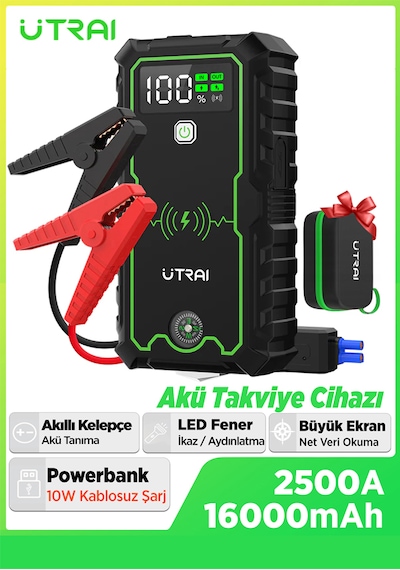 Utraı Js-1 Pro 16000mah 2500a Jump Starter Taşınabilir Akü Takviye Cihazı Kablosuz Şarj + Pusula + Çanta + Led Lamba + Powerbank