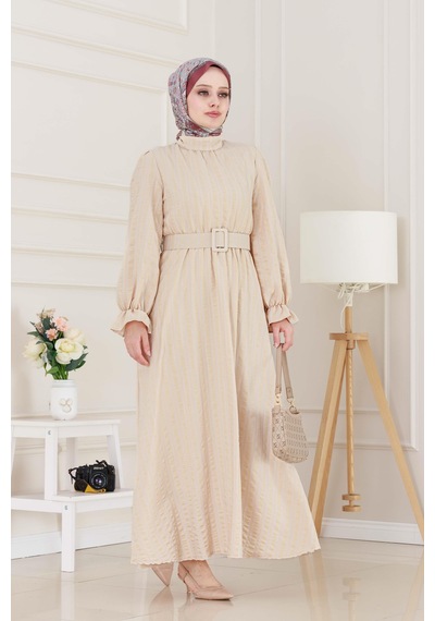 Sevitli Kolu Volanlı Kemerli Henna Elbise-bej-5057 Bej