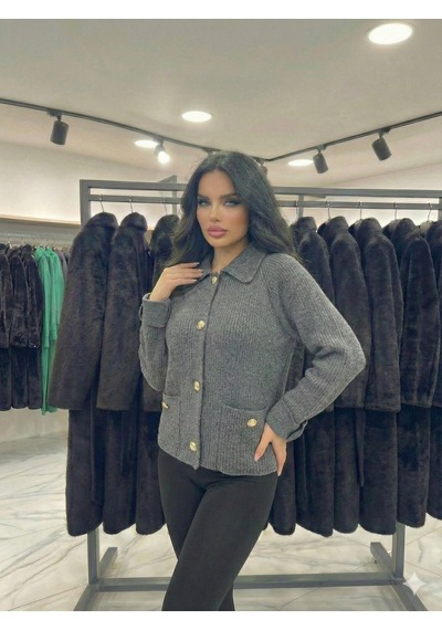Ribana Classic Kadın Yaka Detaylı Astarlı Slim Fit Kısa Mont Füme