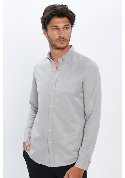 Tudors Erkek Slim Fit Dar Kesim Pamuklu Kolay Ütü Gri Düğmeli Yaka Gömlek-31586-gri Gri