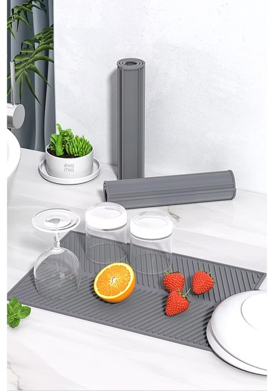 Elastik Bulaşık Matı Kokusuz Mutfak Su Tahliyesi 43x33 Cm Silikon Gri Diğer