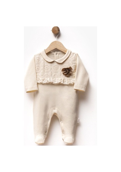 Bebegen Kız Bebek Ekru Kahve Gül Armalı Dantelli Patikli Tulum Çok Renkli