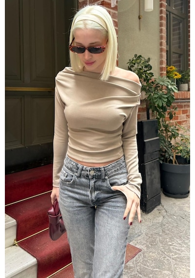 Madmext Bej Kadın Off Shoulder Uzun Kollu Bluz Mg2567 Bej