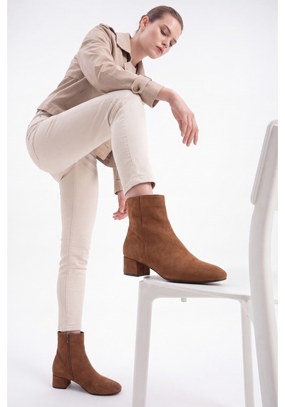 Luvi Shoes Rıchey Toprak Süet Hakiki Deri Kadın Yuvarlak Burunlu Kalın Topuklu Bot