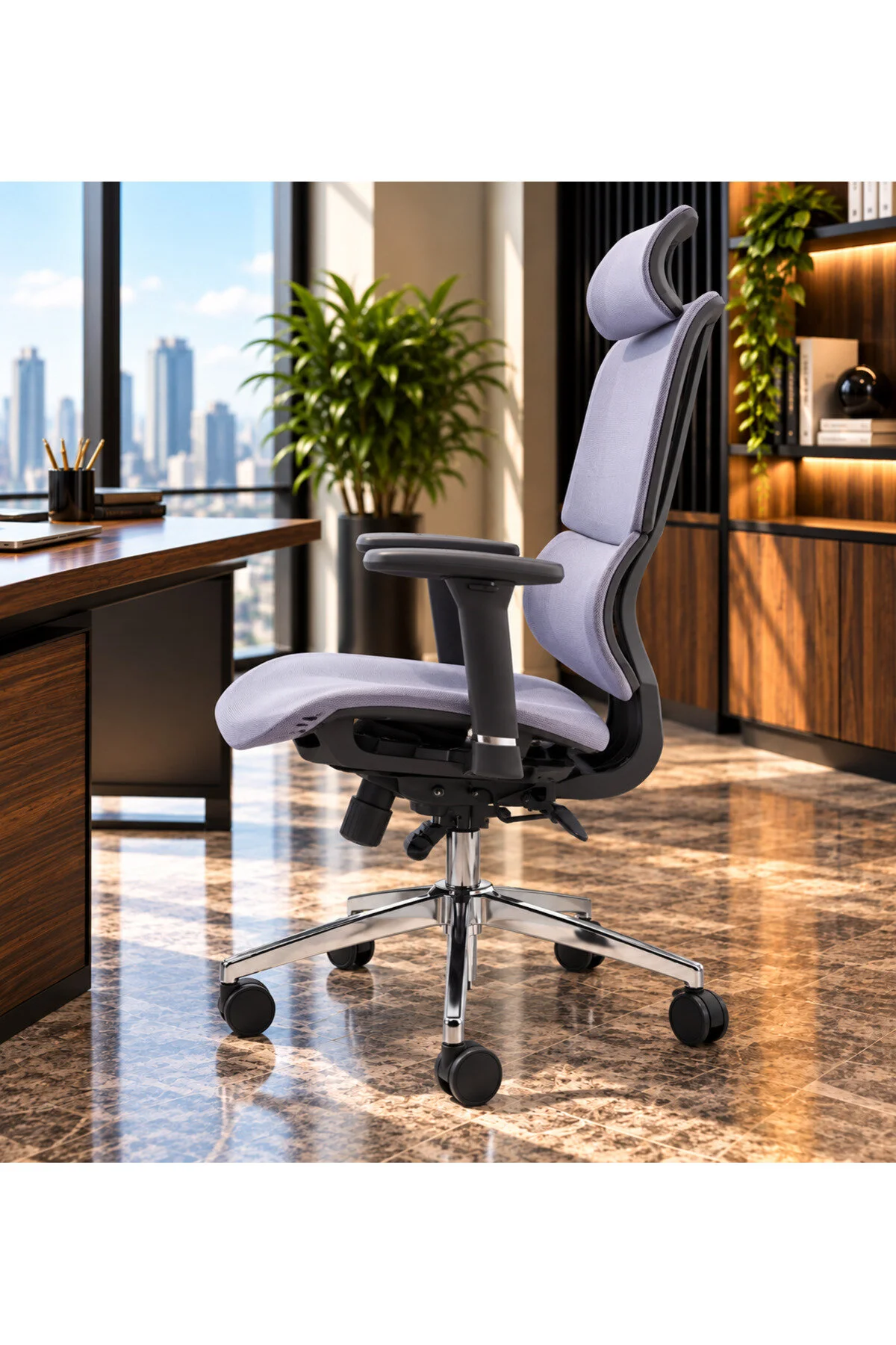 Fileli Başlıklı Ergonomik Çalışma Koltuğu Gri