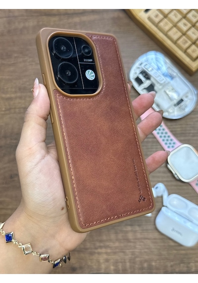Redmi Note 13 Pro 4g Uyumlu Premium Deri Dokulu Darbelere Karşı Dayanıklı Nazal Silikon Kılıf Kahverengi