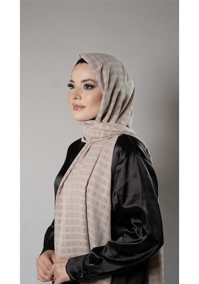 Hürrem Bone Somon Desenli Şal Şifon Kumaş Kareli Çizgili 202107 39 Somon