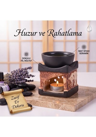 Bakgelal Fil Dokulu Seramik Buhurdanlık Mat Siyah Kaseli Dekoratif Aromaterapi Ve Uçucu Yağlık - 9079977102063