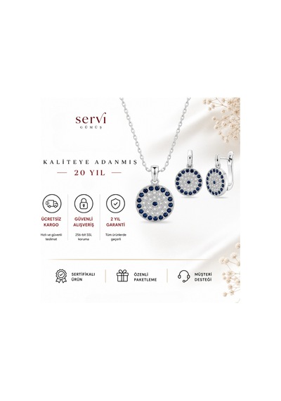 Servi 925 Ayar Gümüş Mavi Taşlı Nazar Kolye Ve Küpe Seti-289