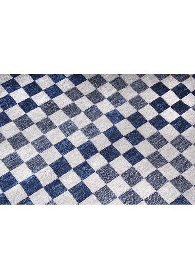 Mavi Beyaz Modern Geometrik Dama Desenli Yıkanabilir Halı - Yo30035xf Mavi - Beyaz