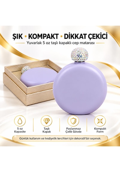 Lüks Taş İşlemeli Renkli Paslanmaz Çelik İçki Matarası 5 Oz 150 Ml. Cep Çanta Kamp Outdoor Hediyelik Lila