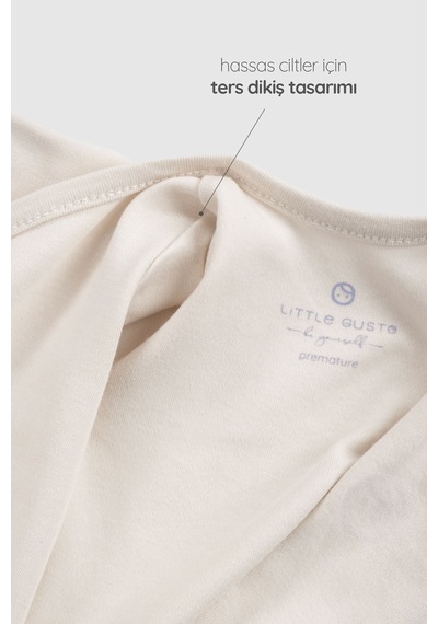 Little Gusto Ters Dikişli Organik Pamuk Ekru Prematüre Kruvaze Patikli Tulum Ekru