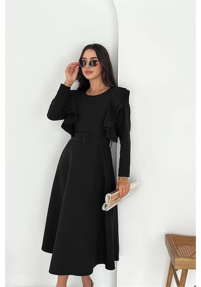 Neşeli Butik Kadın Kol Fırfırlı Kemerli Midi Boy Elbise Nbk4309 Siyah