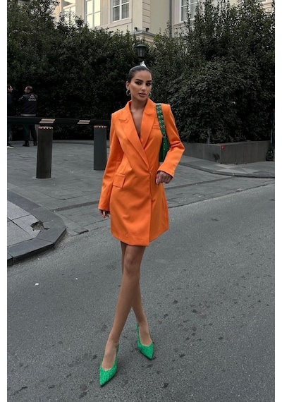 WeShaya Kadın Oranj Kruvaze Dokuma Kısa Elbise Oranj