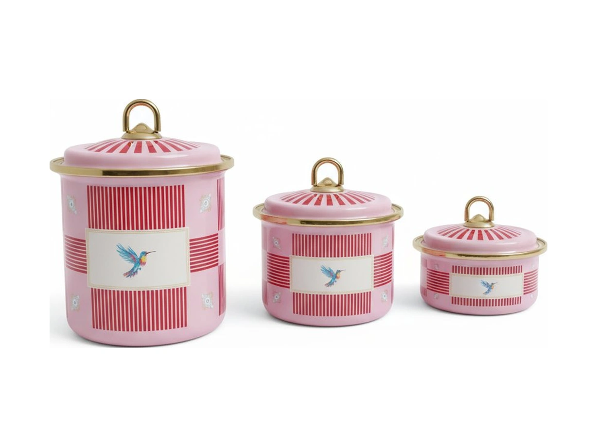 3 Lü Bird Studio Pembe Renk Kuş Desenli Emaye Tezgah Üstü Kavanoz Takımı - 950-650-400 Ml. Pembe