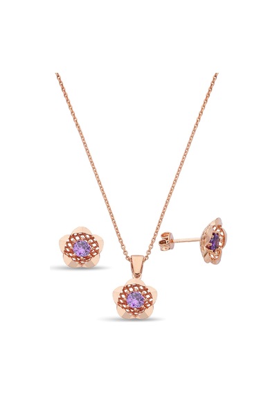Argentum Concept 925 Ayar Gümüş Mor Taşlı Rose Çiçek Set - 67019402
