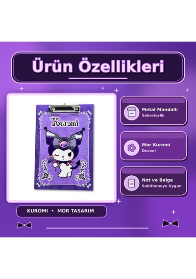 Bakgelal Kuromi Mor Güllü Desenli Metal Mandal Klipsli Sekreterlik Ve Bloknot Altlığı A4 Uyumlu - 9018222117087