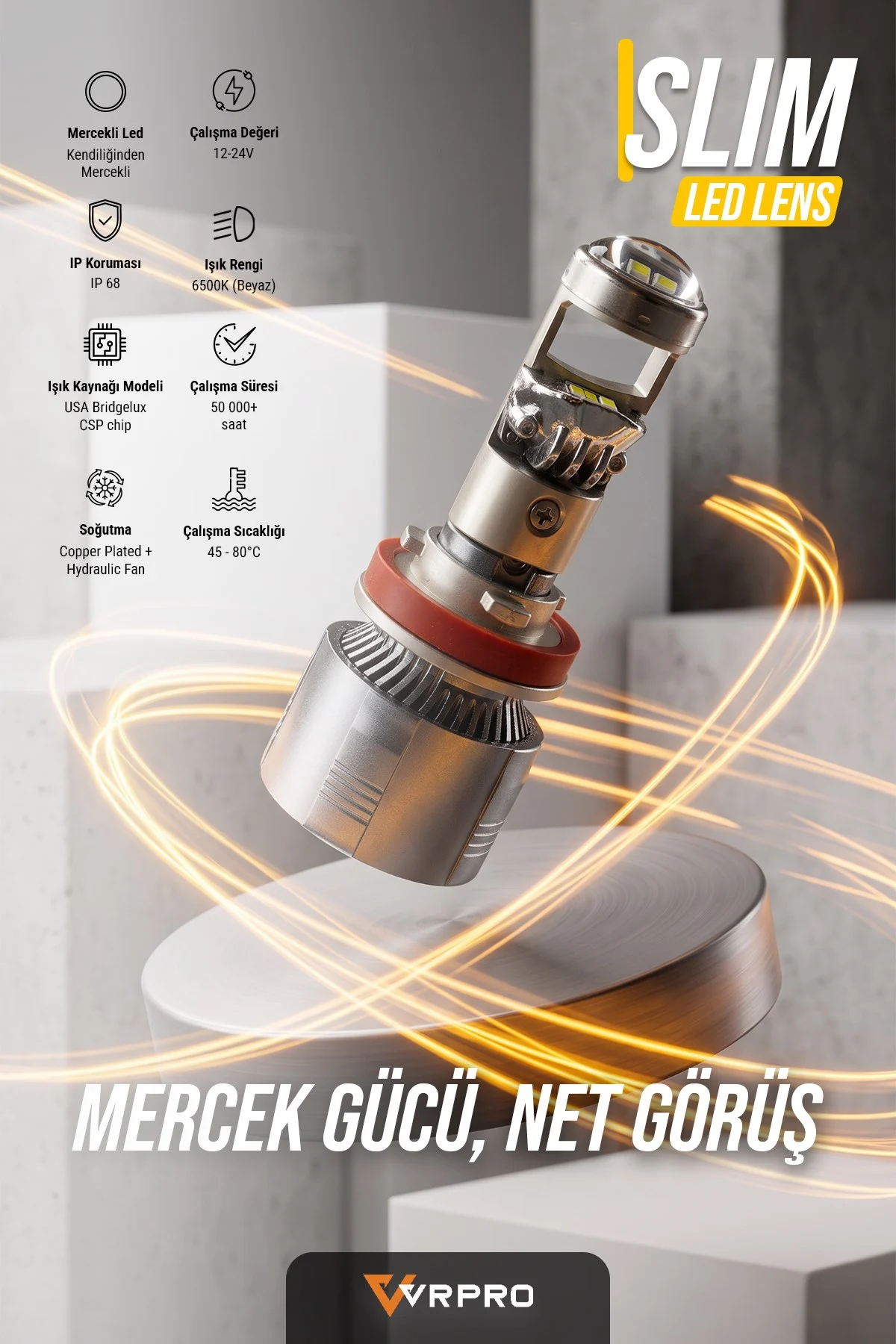 Vrpro H4 Slim Mercekli Led Far Ampulü 40w 16000 Lümen 6500k Beyaz Işık 1set