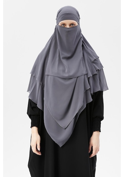Altobeh Hazır Pratik Şifon Üç Katlı Peçeli Üçgen Hac Umre Şalı Sufle Hijab Nikap Füme