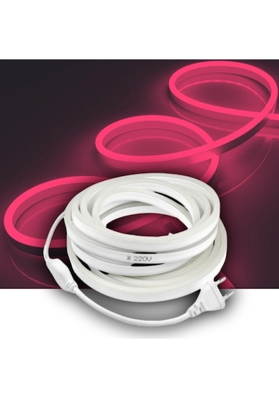 Pembe Neon Şerit Led Fişli 220v Esnek Dış Mekan, Bahçe, Açık Alan Dekoratif Aydınlatma 5 Metre