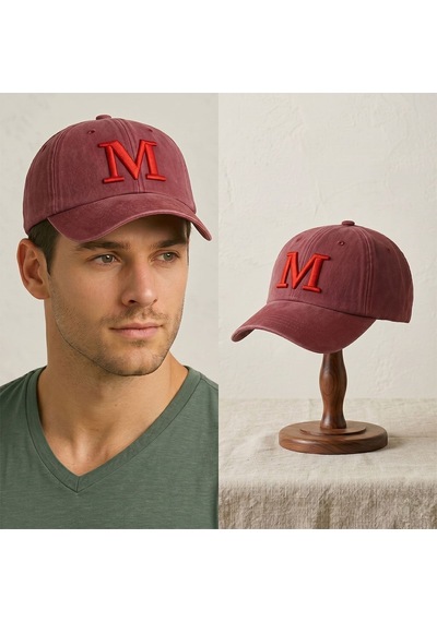 Bk Gift Kişiye Özel Harf Nakışlı Vintage Bordo Beyzbol Şapkası Unisex Eskitme Kumaş Metal Tokalı