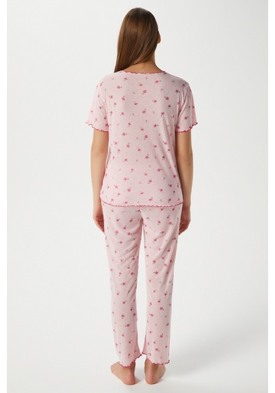 Ritnice Kadın Juliet Kurdeleli Yumuşak Doku Pembe Çiçekli Pijama Takımı