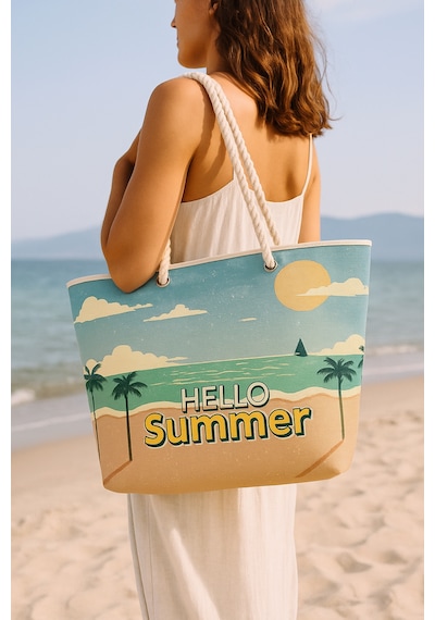Prendi Home Hello Summer Büyük Boy Piknik Ve Plaj Çantası Halat Saplı 55x36x15 Cm Çok Renkli