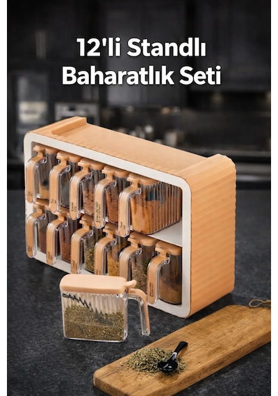 Standlı 12 Li Kendinden Yapışkanlı Kaşıklı Kapaklı Baharatlık Takımı-etiketli Kulplu Baharatlık Bej