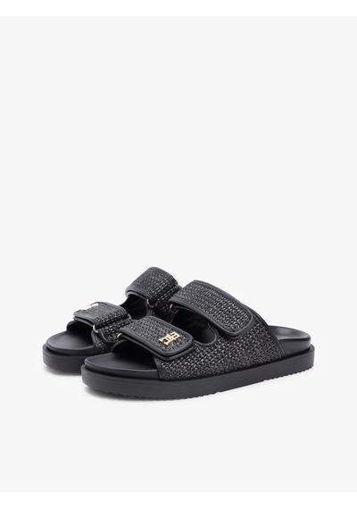 Tommy Hilfiger Double Strap Raffıa Sandal Kadın Siyah Terlik - Fw0fw09122