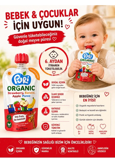 Organic %100 Organik Meyve Püresi Çilek Muz Elma 100 G İlave Şekersiz