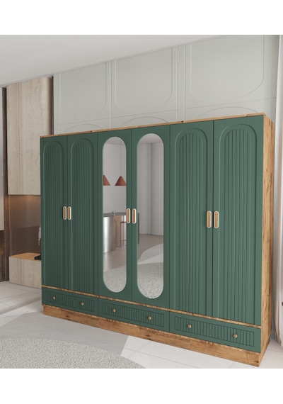 Mila 6 Kapaklı Çekmeceli Bazalı Gardırop - Tamamı Mdf Yeşil